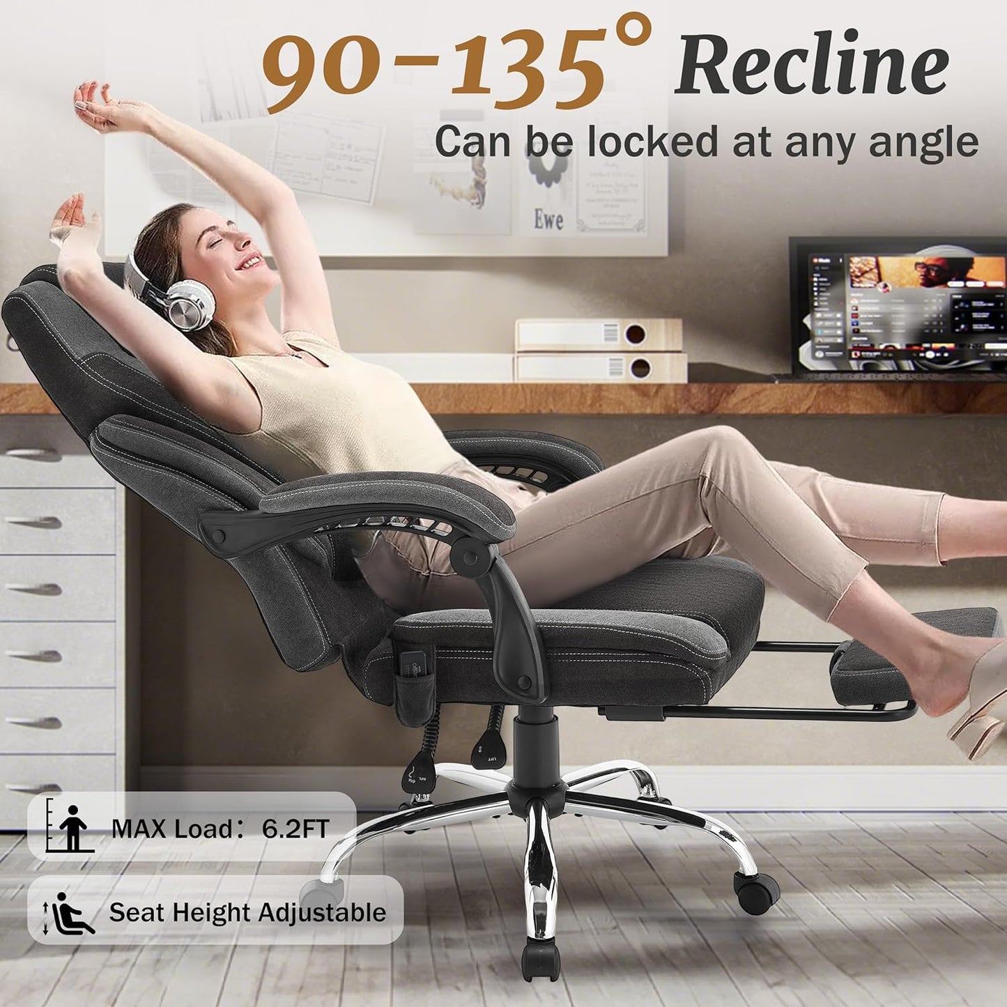 Skiennix Massage Office Chair - Ergonomic Reclining Design with Foot Rest & 6-Point Vibration | Black/Grey