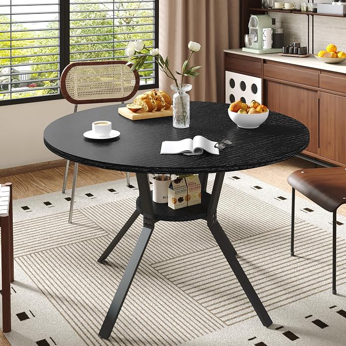 Wildhome Round Dining Table for 2-4, 43 Inch Dining Room Kitchen Table with 1-Tier Storage Shelf, Modern Farmhouse Dinner Furniture with Adjustable feet,Oval Circle(43in-Black)