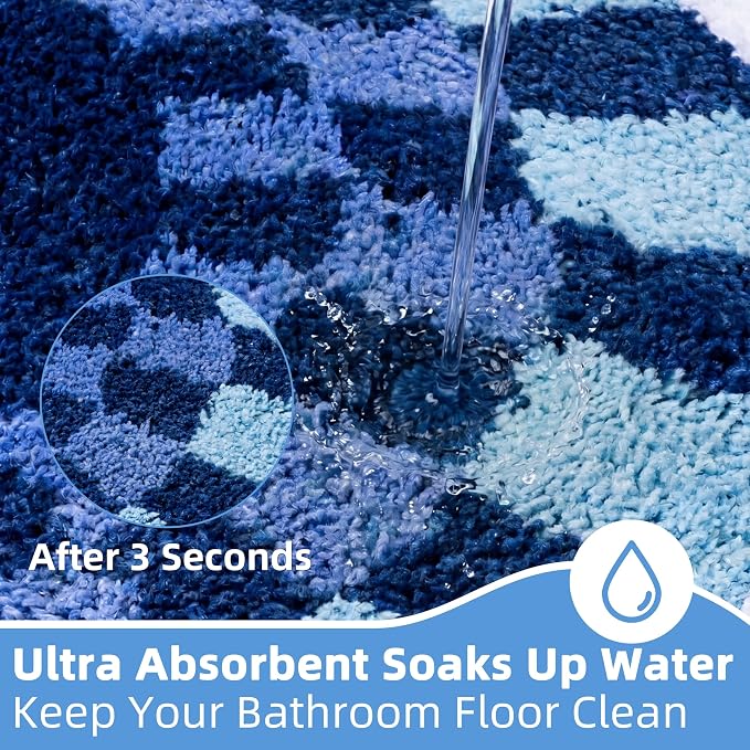Funky Checkered Bath Mat, Non Slip Absorbent High Pile Tufted Checkerboard Rug for Bathroom Floor, Sink, Blue and White Aesthetic Rug, Machine Washable, 16"x24"