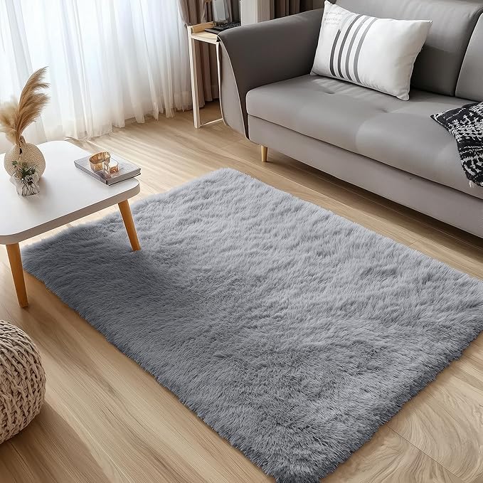 OLANLY 4x5 Machine Washable Accent Rug, Soft Fluffy Shaggy Area Rug for Bedroom, Living Room, Indoor Floor Carpet for Kids, Nursery, Home Decor, Light Grey
