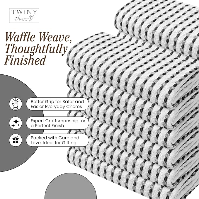 TWINY threads Waffle Kitchen Towels Set of 4, Large 16x26 Inches, 100% Cotton Absorbent Dish Cloths, Fast Dry & Machine Washable Waffle Weave Towel for Cooking, Baking & Cleaning, Black and White
