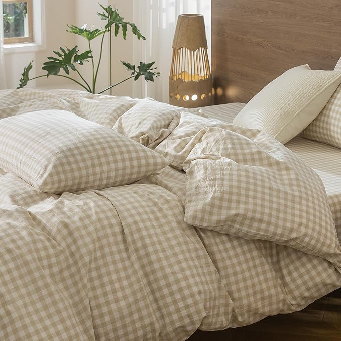 MooMee Gingham Duvet Cover Set 100% Washed Cotton Linen Like Textured Breathable Durable Soft Comfy Modern Checkered Design (Almond Milk Grey Gingham, Super King 108"x98")