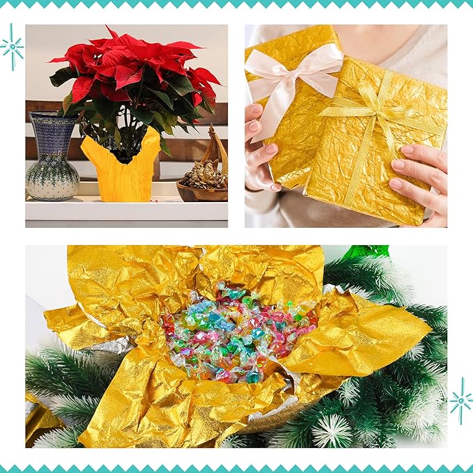 10 PCS Foil Wrap for Potted Plant, 19.7×19.7 inches Golden Floral Foil Plant Pot Covers, Matte Texture Wrapping Paper for Christmas Plant Pot, Foil Wrapping Paper for DIY Christmas Flower Pot (Gold)