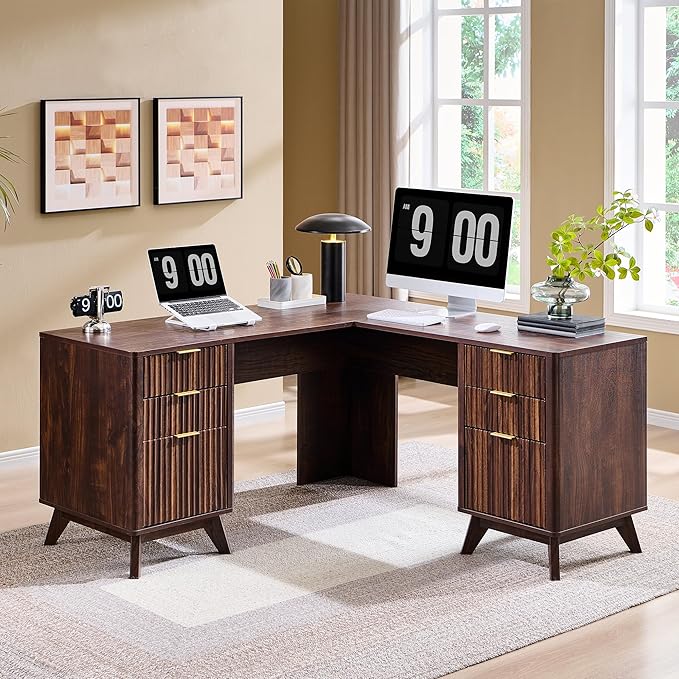 T4TREAM 60'' Fluted Executive L Shaped Desk, Modern Home Office Desk with Charging Station and File Drawer, Computer Corner Desks with Drawers & Storage Cabinet for Office Home, Bedroom, Dark Walnut