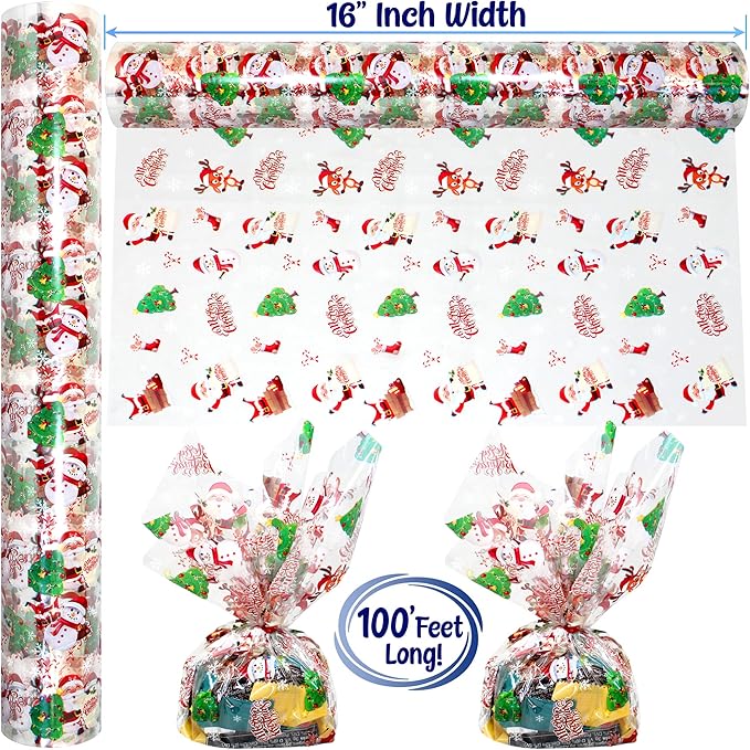 AnapoliZ Christmas Cellophane Wrap Roll | 100’ Ft Long X 16” in. Wide | 2.3 Mil Crystal Clear Merry Christmas Cellophane | Gifts, Baskets, Treats Wrapping Paper | Santa, Snowman, Reindeer Cello Roll