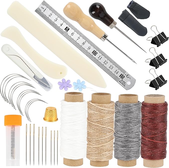 FUXAFU 39 Pcs Bookbinding Tools Kit with Bone Folder, Waxed Thread, Binding Ribbon, Glue Brush, Awl, Needles, Ruler for DIY Bookbinding, Paper Crafts, and Book Repair