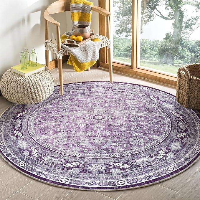 OPPODREAM Vintage Purple Round Rug 5ft, 5 ft Retro Washable Circle Rug Non Slip, Low-Pile Faux Wool Circular Carpet, Distressed Floor Mat for Living Room, Bedroom, Office, Dorm, Dinning Room