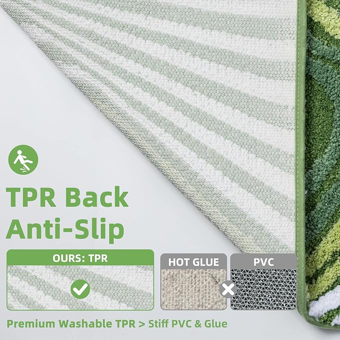 Funky Green Bathroom Rug, Non Slip Plush Microfiber Absorbent Bath Mat with 3D Striped Pattern, High Pile Tufted Shower Rug for Sink, Toilet, Tub, Machine Washable, 16"x24"
