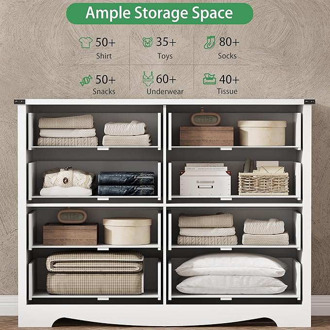 Dresser for Bedroom with 8 Drawers, 54" Wide Wood Chest of Drawers with Deep Drawers & Mental Handle, Modern Dresser TV Stand, Wooden Closet Storage Organizer for Living Room, Hallway, Entryway, White