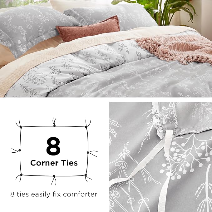 Bedsure Duvet Cover Queen Size - Reversible Grey Queen Duvet Cover Set with Zipper Closure, 3 Pieces Botanical Floral Patterned Bedding Set with 8 Corner Ties and 2 Pillow Shams