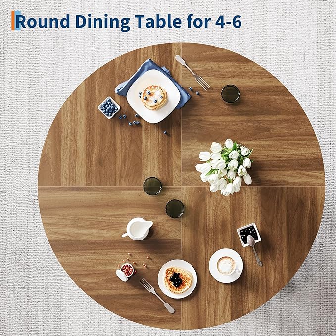 IDEALHOUSE 47" Round Dining Table for 4-6, Wood Kitchen Table with Sturdy Base, Farmhouse Circle Dinner Table for Dining Room, Living Room, 4 Strong Legs, Walnut