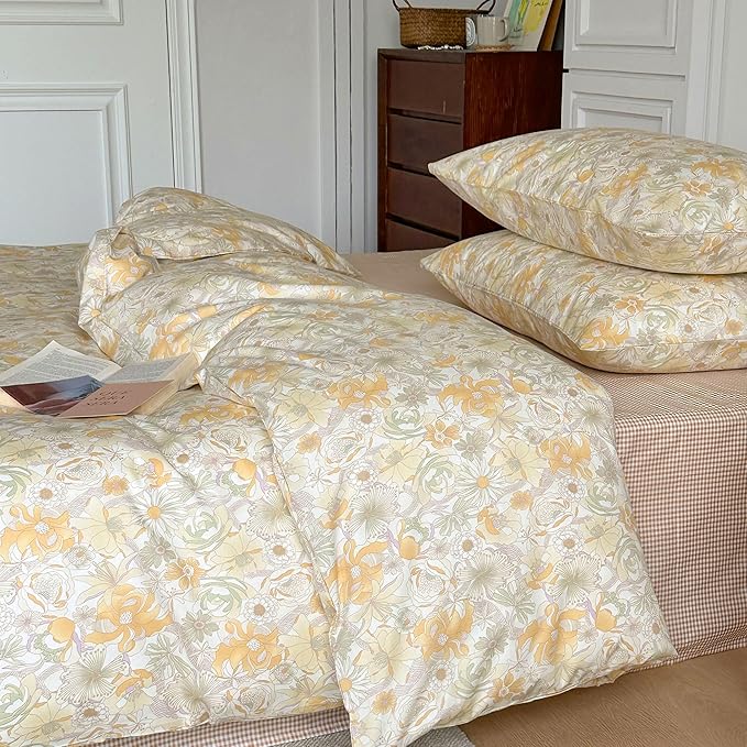 AOJIM Kids Adults Aesthetic Duvet Cover Set for Room Decor, Pure Cotton Comforter Cover Set 3pcs with Begonia Pattern, 1 Soft Quilt Cover Queen Size and 2 Matching Pillowcases, No Comforter