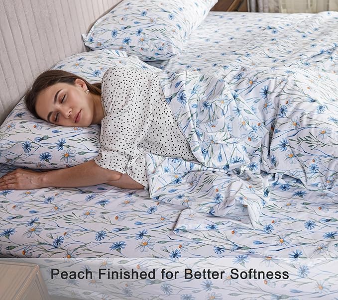 RUVANTI 100% Organic Cotton Sheets Queen Size, Percale Weave, GOTS Certified, 4-Piece Set, Deep Pocket 15", Crisp & Breathable, Soft Durable Bedding, Sábanas Algodón Orgánico – Daisy Bud