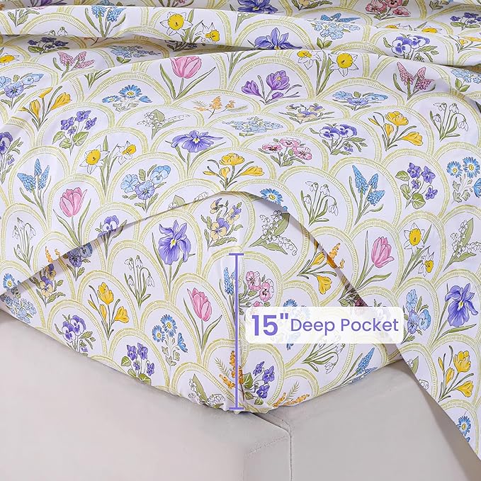 Softan Floral Full Sheet Set, 4-Piece Microfiber Printed Fitted Sheet with 15" Deep Pockets & Non-Slip Straps, Multi Flower Patterned Double Bedding Sheets & Pillowcase Set