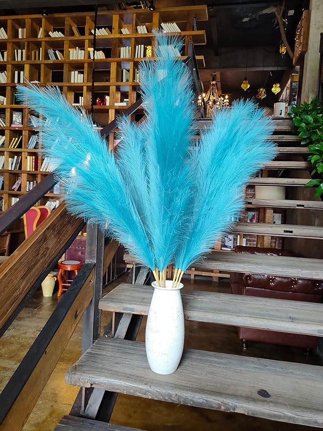 Premium Faux Pampas Grass Decor Tall & Fluffy, No Assembly Needed Long Pampas, Luxury Large Floral, Elegant Feather Flowers for Wedding Decorations(Faux Teal, 8pcs 43.3"(110cm))