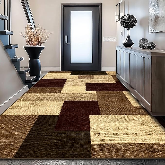 Modern Geometric Patchwork Indoor Area Rug for Living Room, Red 9x12 Large Rug Rockwood Collection Hardwood Floors Decor for Bedroom, Burgundy Throw Carpet for Office Entryway Dining Room