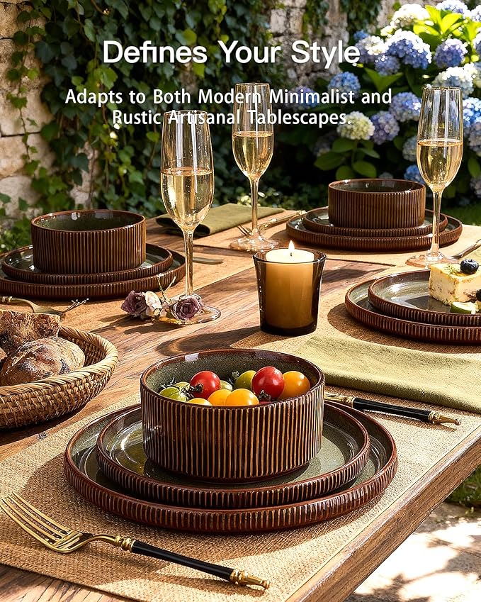 Stoneware Plates and Bowls Dishes Sets Service for 6 (18-Piece), Famiware Premium Handcrafted Reactive Glaze Dinnerware Set with Raised Rim, Scratch Resistant, Microwave Dishwasher Safe, Moss Cocoa