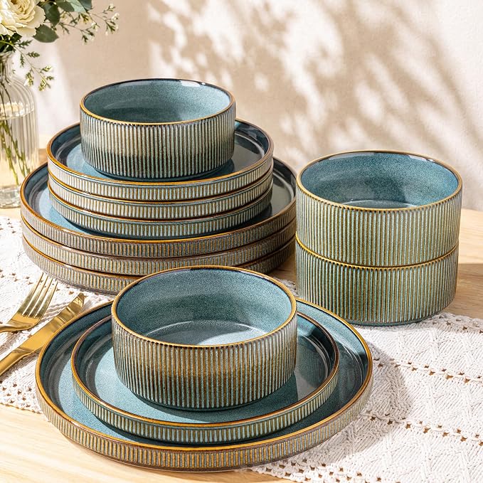 GBHOME 12-Piece Stoneware Dinnerware Set for 4 – Ribbed Ceramic Plates and Bowls, Scratch-Resistant, Microwave & Dishwasher Safe, Reactive Glaze-Space Blue