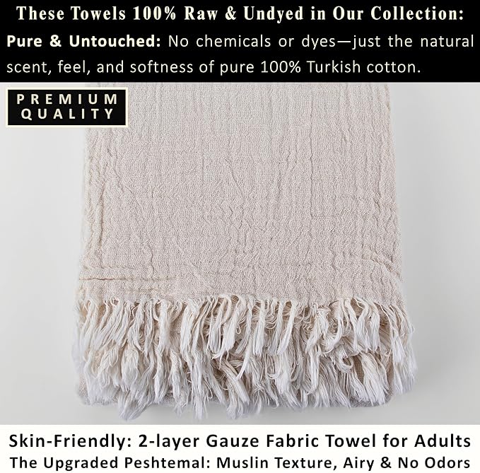 PÜSKÜL - Premium 2-Piece Oversized Muslin Bath Towel for Adult 35x70 Extra Large Bath Sheets | Natural 100% Turkish Cotton Soft Absorbent Quick-Dry Light Spa & Beach Towels (Pack of 2, Natural Raw)