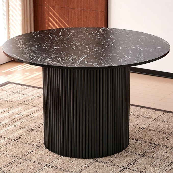 Homedot 47.24" Industrial Kitchen Dining Table Round for 4-6, Rustic Dining Table Circular with Two-Part Tabletop&MDF Pedestal Striped Base,Metal Frame Dinner Meeting Table, Black Marble Grain Look