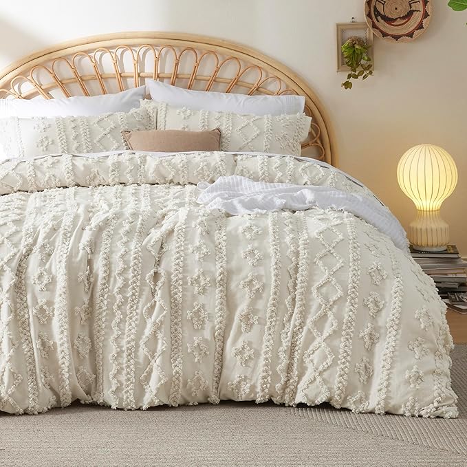 Bedsure Boho Twin Duvet Cover, Soft & Comfortable Elegant Design Boho Bedding for Decoration, Machine Washable Comforter Cover for All Seasons,Includes 1 Duvet Cover & 1 Pillow Sham,Beige