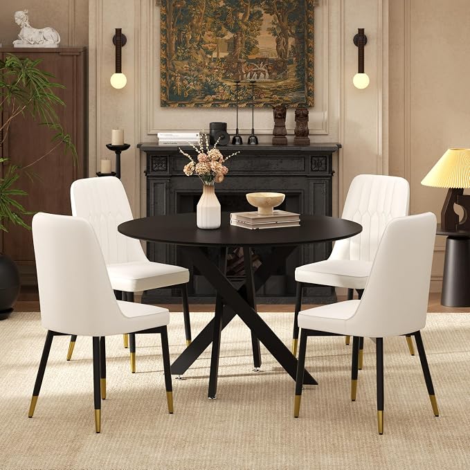 RGZ Mid Century Black Round Dining Table Set for 4, 36" Small Wooden Circle Kitchen Table & 4 White PU Leather Kitchen Chairs, Dinner Table Set for Home, Apartment, Dining Room