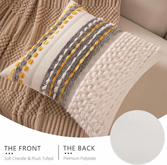 KOOLIFE Boho Chenille Tufted Couch Throw Pillow Covers 18x18 Inch Set of 2 Farmhouse Striped Decorative Pillow Covers Accent Neutral Pillowcase Grey Yellow Cushion Cover for Living Room Sofa Bed