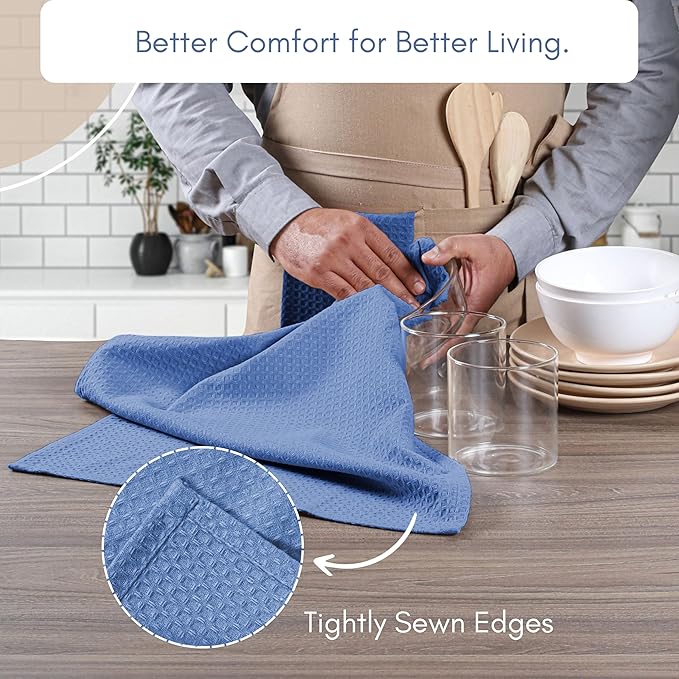 TWINY threads Kitchen Towels Set of 4, 100% Soft Cotton Waffle Weave Dish Towels, Quick Drying, Tea Towel with Hanging Loop, Resuable Cloths for Table Cleaning, Dining, Parties, 16"x26", Sky Blue