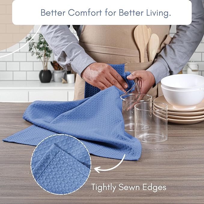 TWINY threads Blue Waffle Kitchen Towel 6 Pack, 16x26 Inch, Premium 100% Cotton Kitchen Linen Set, Absorbent Dish Cloths for Cleaning, Drying Dishes, Machine Washable, Durable, Quick Dry, Sky Blue