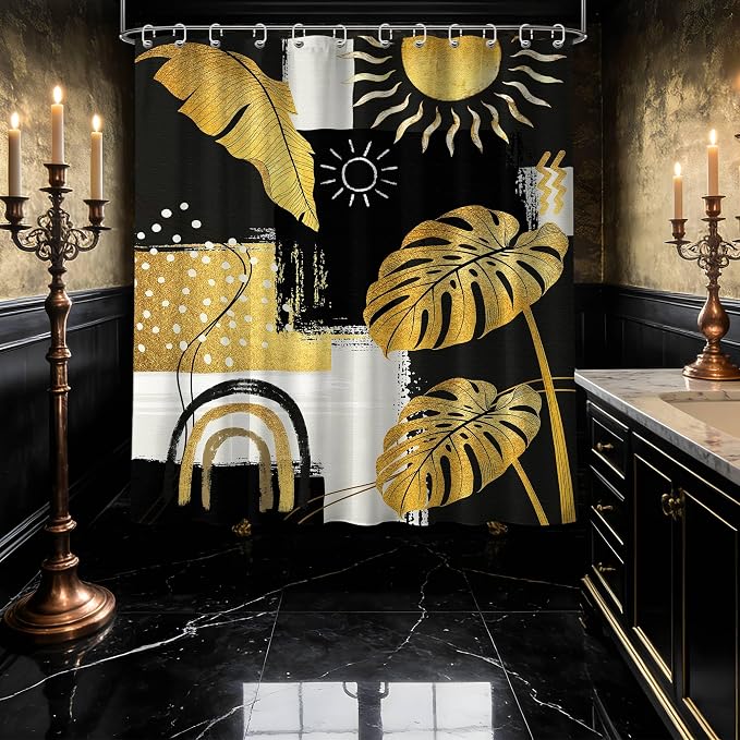 Black and Gold Mid Century Modern Shower Curtain Bohemian Abstract Dark Mens Shower Curtains for Bathroom Decor Sets, Waterproof Cloth Fabric with Hooks, 70x72 Inch