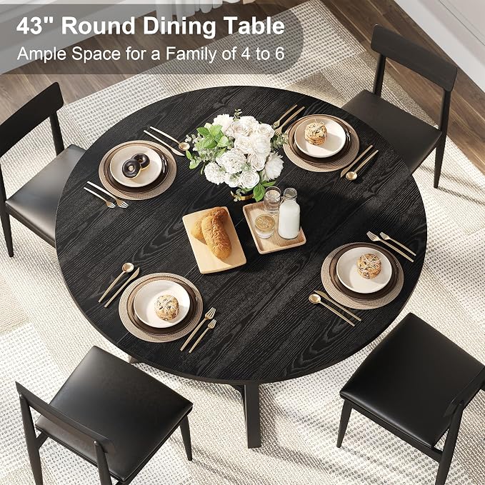 knoworld 43" Round Dining Table for 4, Kitchen Tables Dining Room Circle Dinner Table with Pedestal Metal Frame, Space Saving Wood Industrial Kitchen & Dining Room Tables, Black 43In