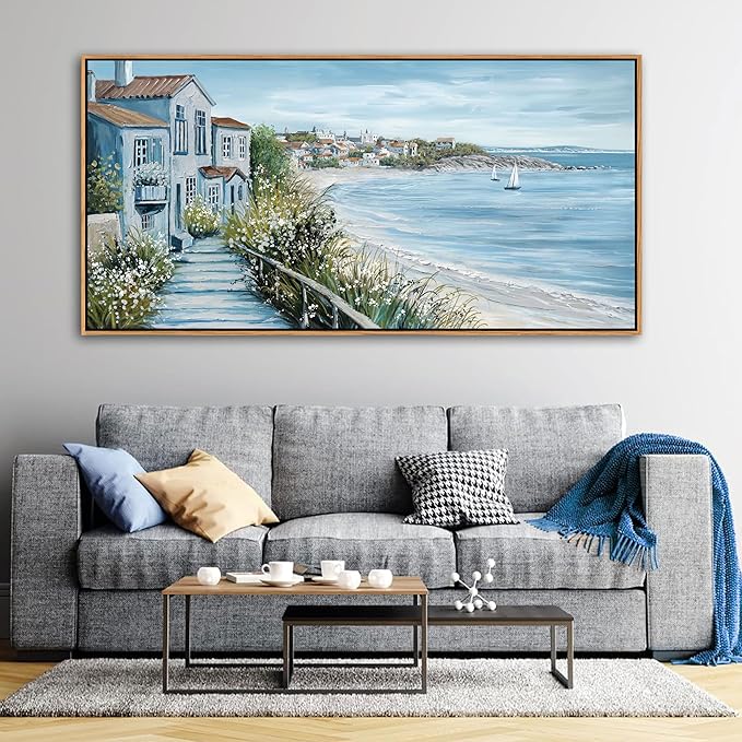 KLAKLA Coastal Decor Nautical Boat on Beach Canvas Picture Ocean Seagull Seascape Canvas Print Farmhouse Artwork for Seashore Bedroom Living Room Large Square Blue Teal 24x48 Inches