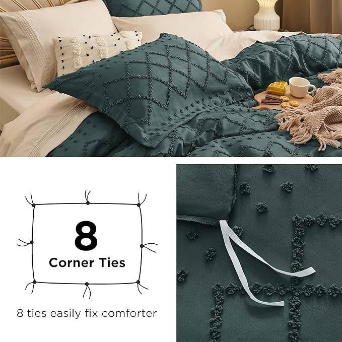 Bedsure Boho Duvet Cover Queen Size, Forest Green Breathable & Soft Boho Bedding, Machine Washable Comforter Cover for All Seasons, Includes 1 Duvet Cover 90"x90" with 2 Pillow Shams & Zipper Closure