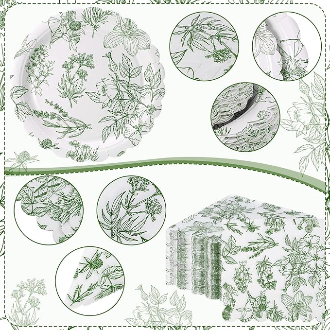 Havawish 400 Pcs Sage Green Disposable Tableware Set Greenery Floral Paper Plates Napkins Sage Serve Scalloped Plates Paper Napkins Cups Plastic Spoons Forks Knives for Wedding Tea Party Baby Shower