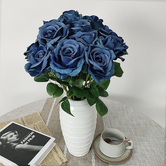 ATFL Grayish Blue Plastic Roses Bouquet,Realistic Gray Blue Flowers Artificial for Vase,12 Pcs Artificial Long Stem Fake Faux Silk Floral Roses for Decorations