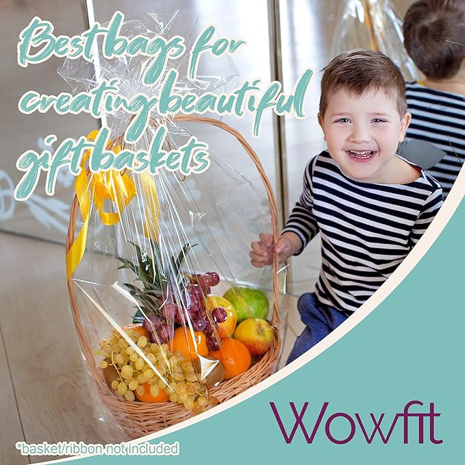 Wowfit 10 CT 16x24 Inch Clear Cellophane Gift Bags – Food-Safe Cello Bags for Small Gift Baskets, Wine Raffles, Bridal or Baby Showers, and More (No Gusset, Ribbon Not Included)