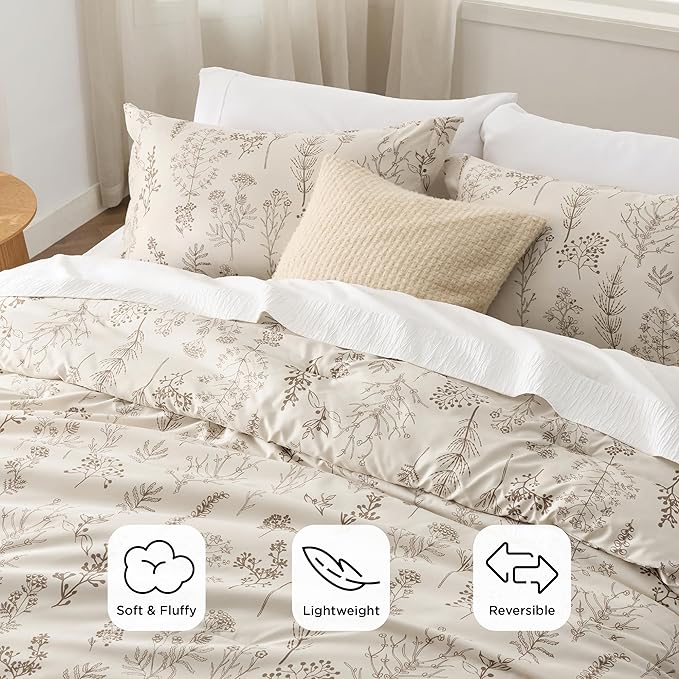 Bedsure Twin/Twin XL Comforter Set - Beige Bed Set, 2 Pieces Cute Floral Bedding, 1 Soft Botanical Flowers Comforter and 1 Pillow Shams