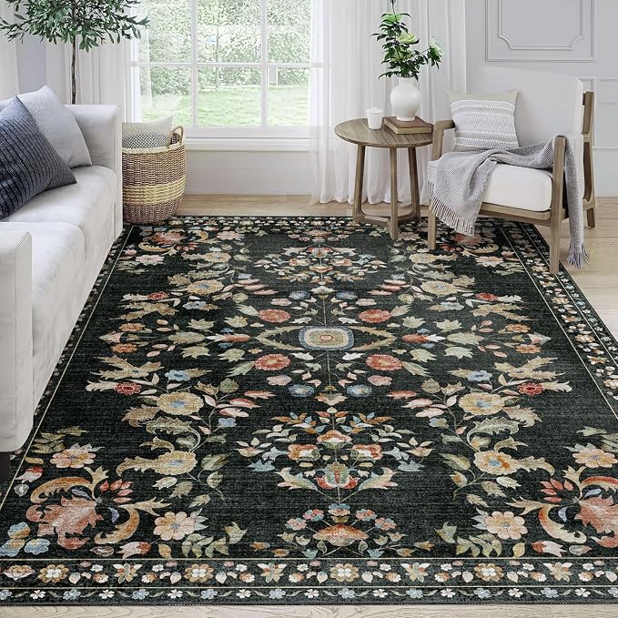 MUJOO 5x7 Area Rugs Washable,Black Floral Rugs for Living Room Bedroom Dining Room Playroom,Boho Indoor Floor Rug Large Non Slip Throw Carpet Low Pile Vintage