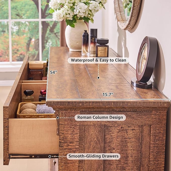Farmhouse 6 Drawers Dresser for Bedroom, 54" Wide Large Dressers & Chests of Drawers w/Roman Column, Wooden Dresser TV Stand with Large Drawers for Bedroom Living Room Hallway,Reclaimed Barnwood