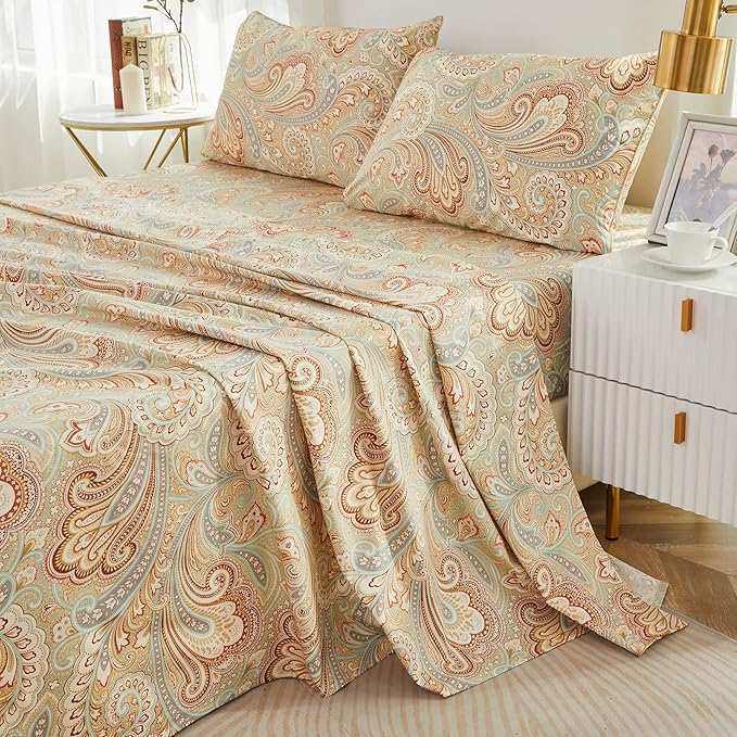 Brandream Paisley Bedding Gold Classy Regal Themed Boho Bed Sheet Set Luxury Bedding Collections 800 Thread Count 100% Egyptian Cotton Deep Pocket, 4 Piece-King Size