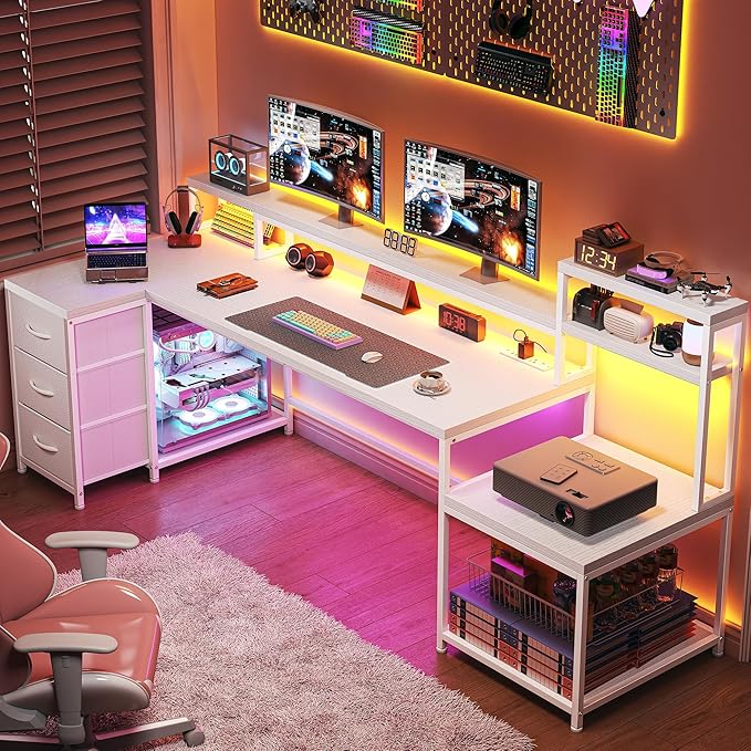 EnHomee 71" L Shaped Gaming Desk with LED Lights, White Computer Desk with Drawers and Printer Shelf, Power Outlet, Reversible Home Office Desks with Storage and Monitor Stand