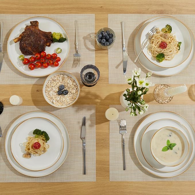 Pokini 24 Pieces Dinnerware Set for 6 with Pasta Bowls, Complete Ceramic Dish Set, Stackable & Glossy Stoneware Plate and Bowl Set for Effortless Everyday Hosting, White