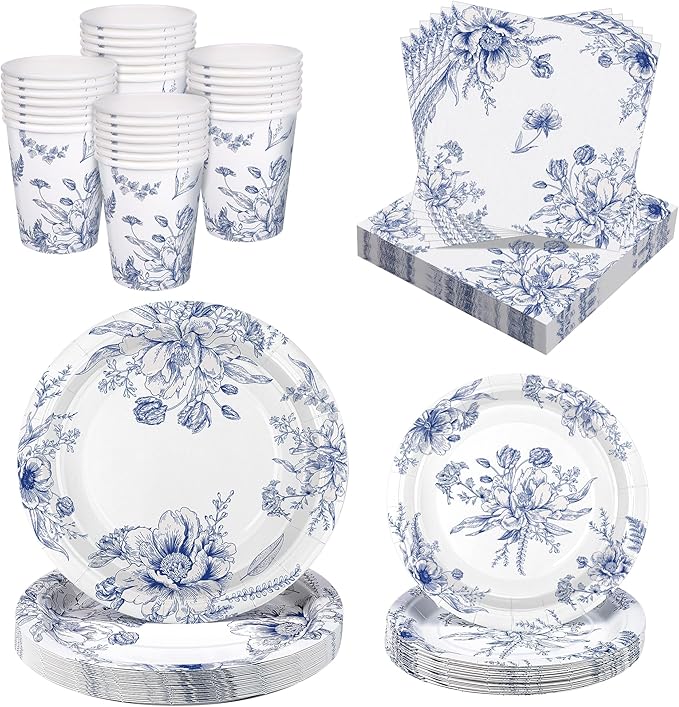96 Piece Blue and White Floral Disposable Party Supplies Elegant Floral Paper Plates, Cups, and Napkins 9 Inch and 7 Inch Plates Serves 24 Guests for Birthday or Baby Shower