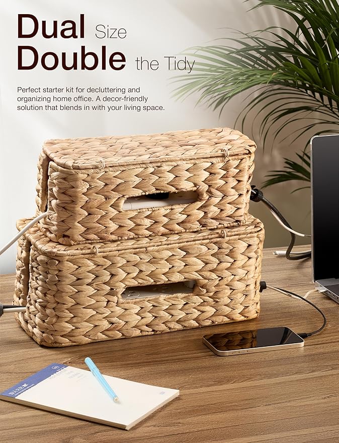 TIDITA Set of 2 Wicker Large Cable Management Box - Cord Box Hider for Home, Office - Water Hyacinth Cable Hider Box, Surge Protector Box for TV Wires, Computer - Power Strip Box - 3 Slots, Secure Lid