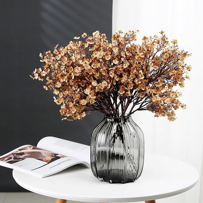 Babys Breath Silk Artificial Flowers Bulk With Vase 10pcs for Fall Decor Fake flower bouquet Bulk for Home Kitchen Indoor Bouquet Floral Arrangement Table Centerpieces Party Decor(Khaki With Vase)