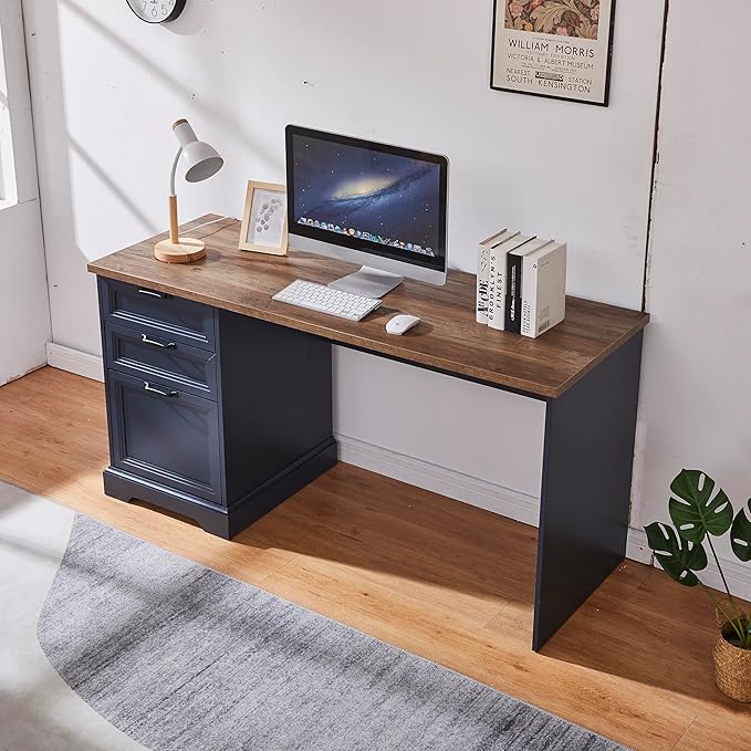 60" Farmhouse Executive Desk with Charging Station,Home Office Desk with 2 Drawers &1 File Cabinet,Fluted Computer Desk for Office and Home (Blue)