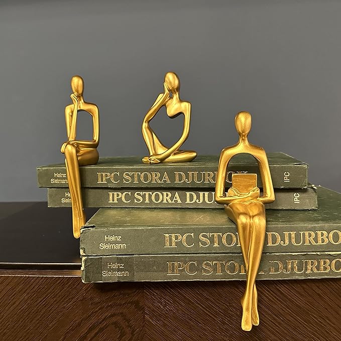 Prettidecor Gold Home Decor Thinker Statue Accents, Set of 3 Thinker Sculptures Office Decor Modern Abstract Resin Decoration on Shelf Table Desk for Living Room Office Bedroom (Small Gold)