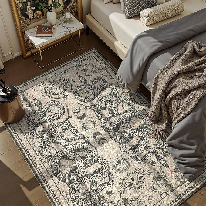 DCX Washable 3x5 Snake Rug, Beige Gothic Rug for Living Room, Soft Low Pile Carpet, Kid & Pet Friendly with Rubber Back Non Slip, Stain Resistant Rug for Bedroom Dining Room Office