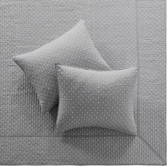 Levtex Home Cross Stitch Reversible Full Bedspread Set (100x104in) with 2 Pillow Shams (26x20in) - Stitch Texture - Grey and White - Cotton Full Size Bedspread Set - Lightweight, Soft, Pre-Washed