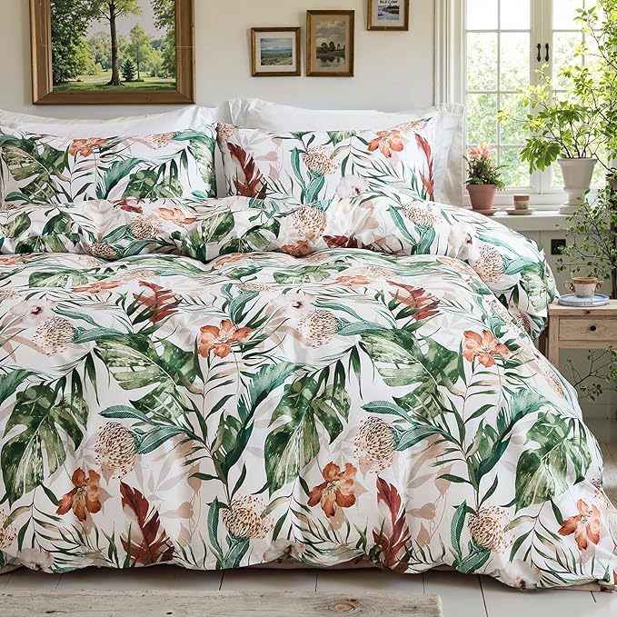 Bedding_Dreamer 100% Cotton Comforter Set Floral Queen Bedding Green Palm Leaf Comforter Set Botanical Home Decor 3 Pcs with 2 Pillowcases Reversible for All Season